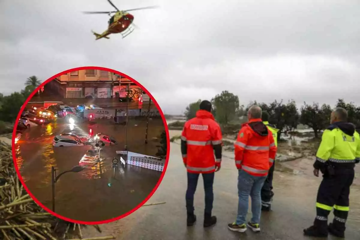 Un helicòpter sobrevola una zona afectada per inundacions mentre que un grup de persones amb jaquetes d'emergència observa l'àrea; en un requadre es mostra un carrer inundat amb diversos cotxes submergits a l'aigua a la Comunitat Valenciana.