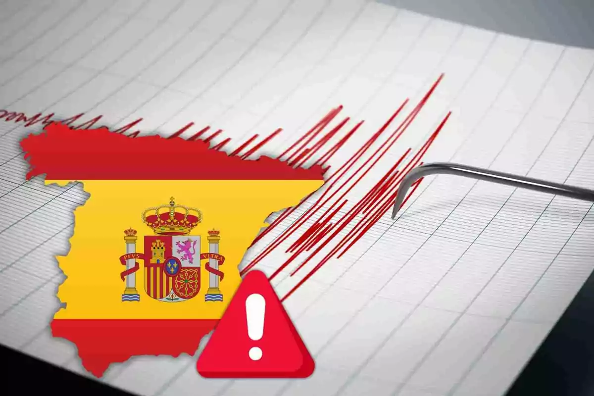 Mapa d'Espanya sobre un gràfic de sismògraf amb una icona d'advertiment. Mapa d'Espanya sobre un gràfic de sismògraf amb una icona d'advertiment.