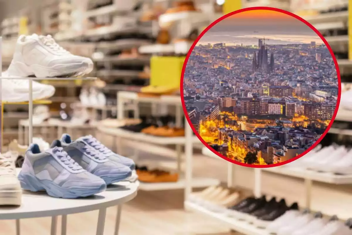 Fotomuntatge amb una imatge de fons d'una botiga de sabates i al capdavant una rodona vermella amb la ciutat de Barcelona