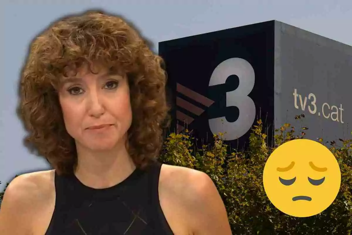 Fotomuntatge amb una imatge de fons dels estudis de TV3, al capdavant Agnès Marquès i un emoji trist