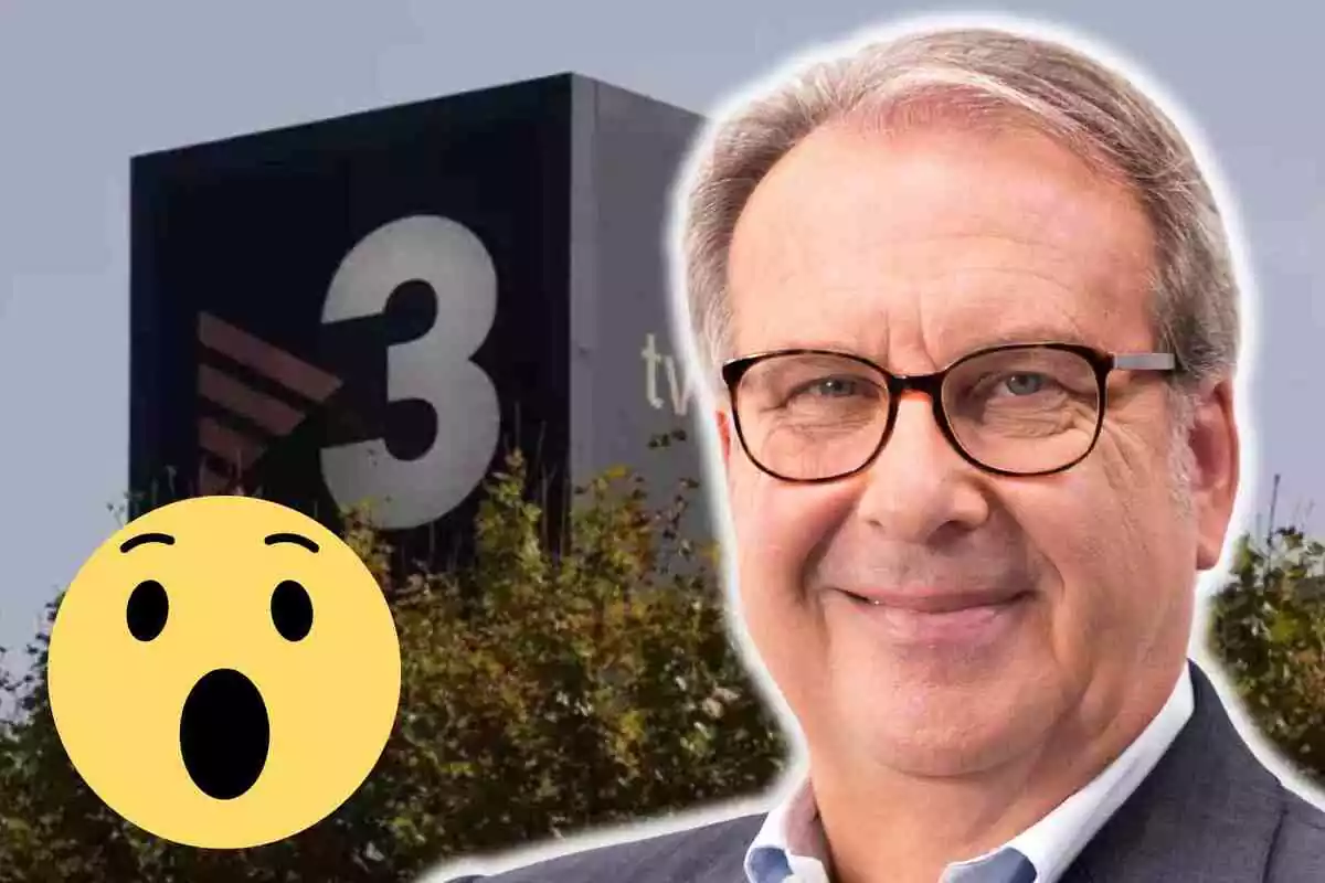 Fotomuntatge amb una imatge de fons del logotip de TV3 i al capdavant Josep Cuní i un emoji amb cara sorpresa