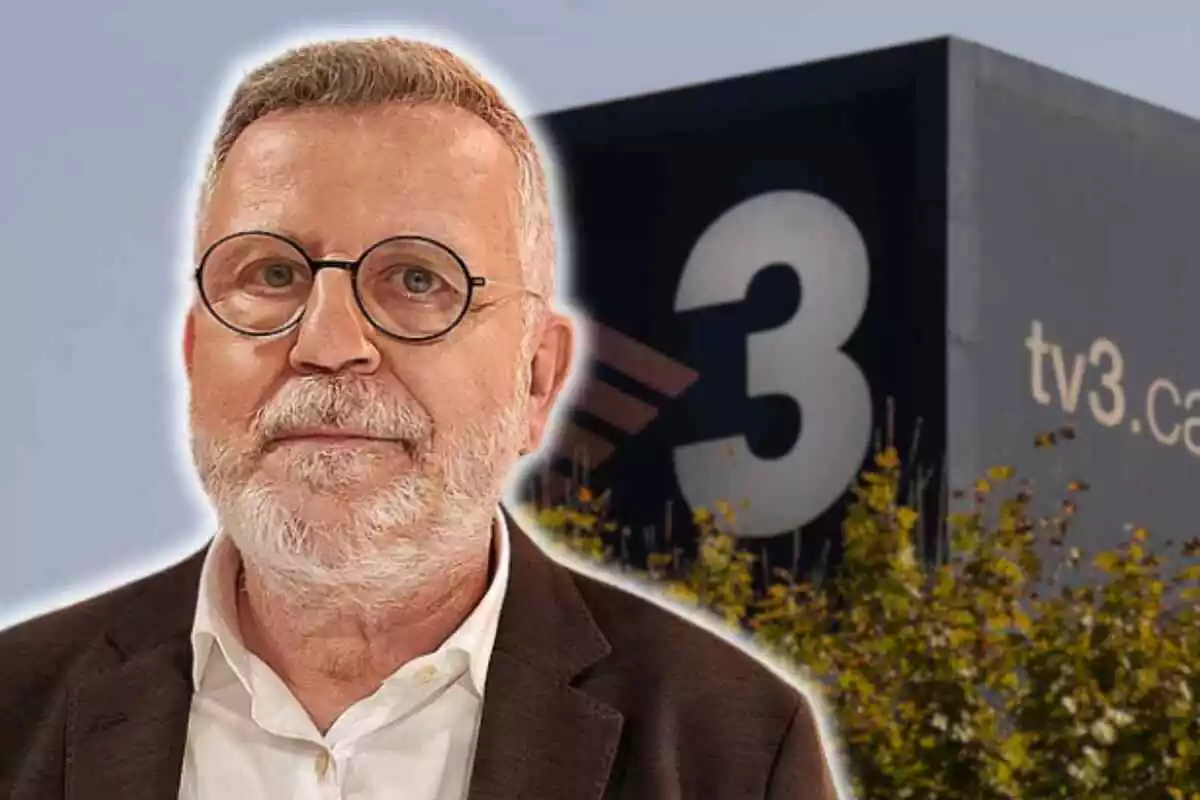 Fotomuntatge amb una imatge de fons del logotip de TV3 i al capdavant Lluís Canut