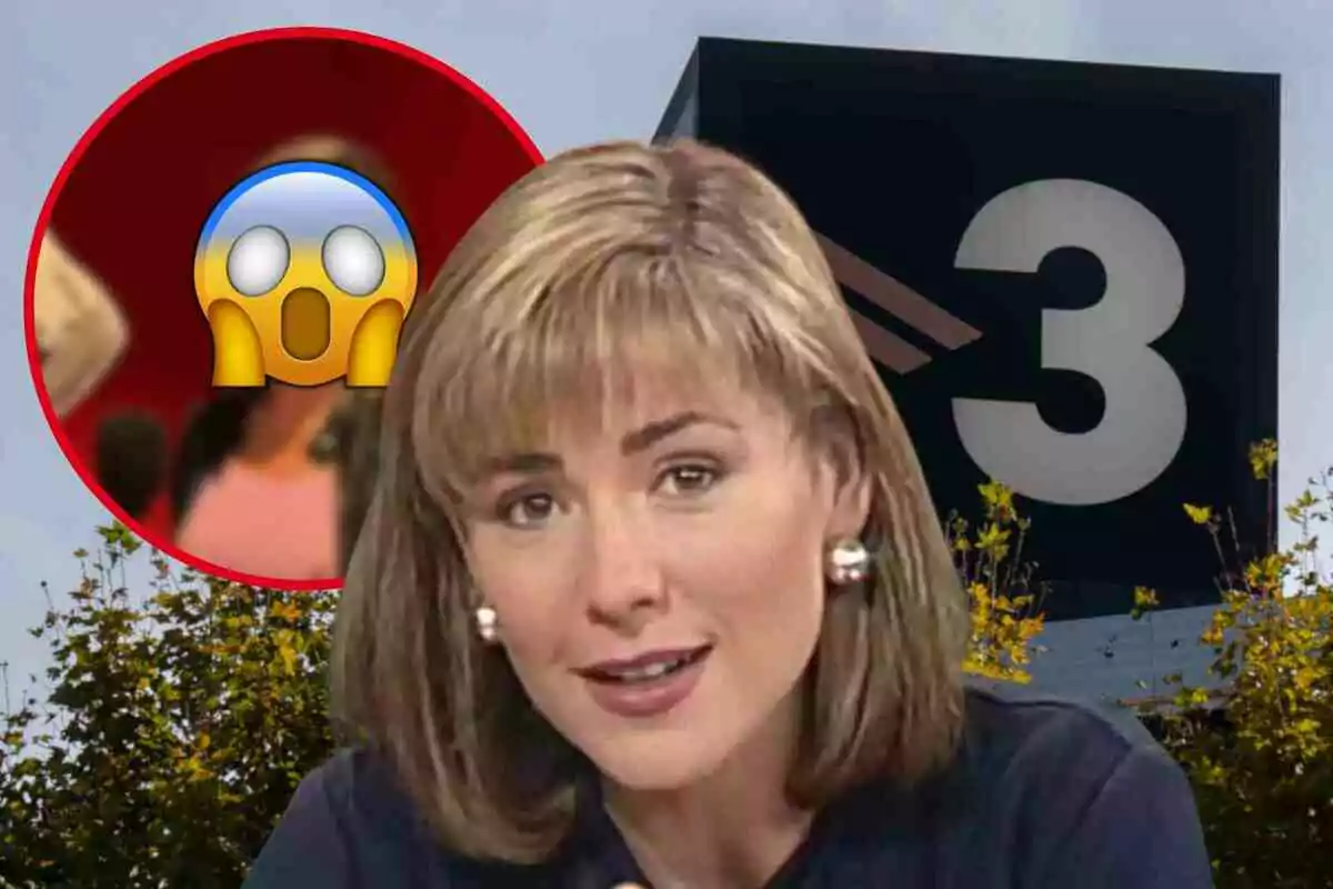 Mari Pau Huguet davant d'un logotip de TV3 amb un emoji de sorpresa al fons.