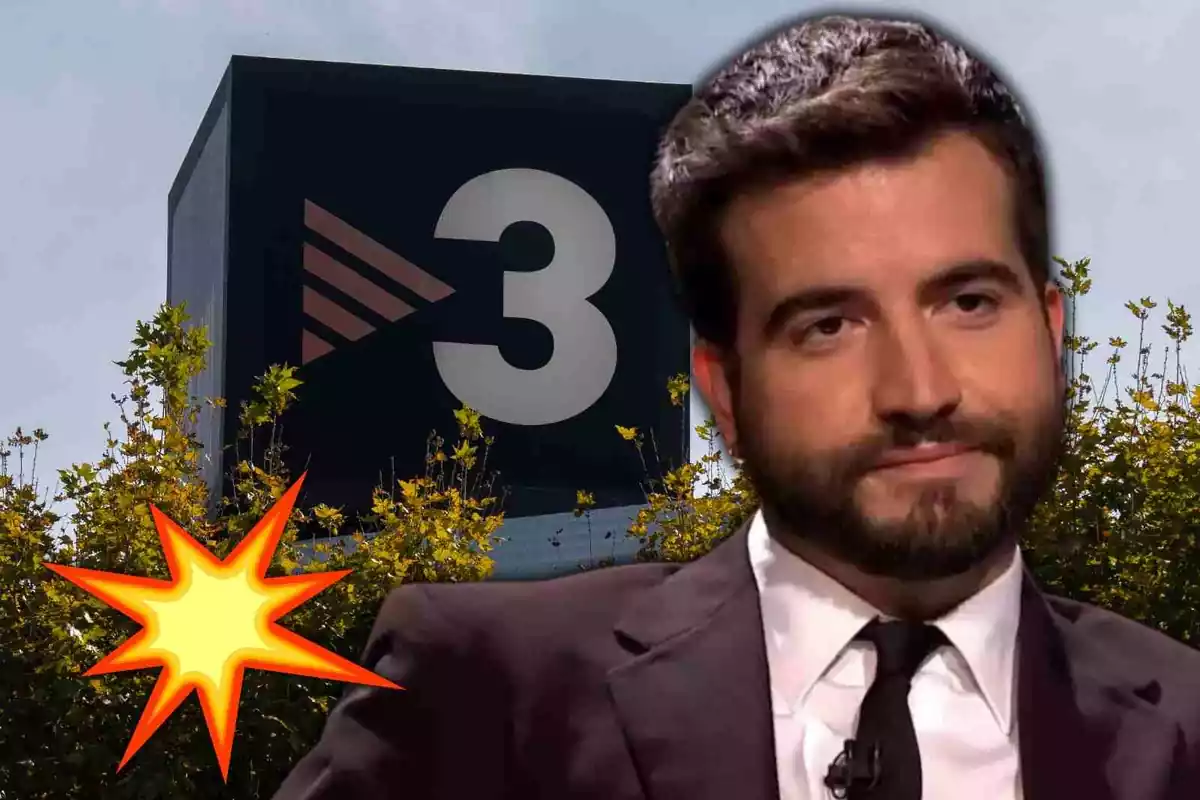 Fotomuntatge amb un fons del logotip de TV3, Ricard Ustrell al capdavant i un emoji d'explosió