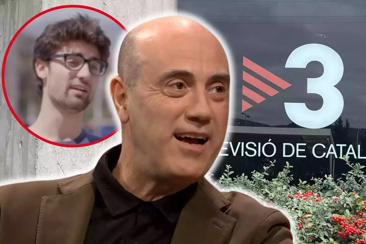 Fotomuntatge amb un fons de TV3, Tomàs Molina al capdavant i una rodona vermella amb la imatge del seu fill, Pol Molina