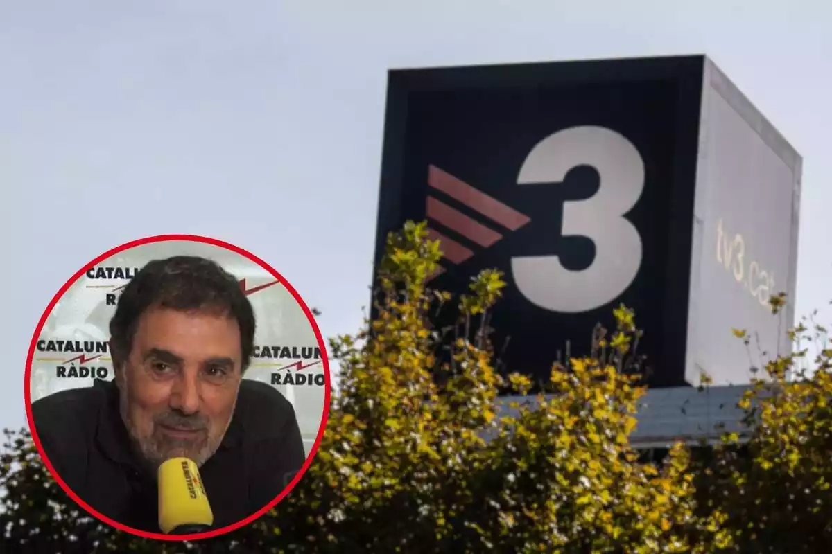 Fotomuntatge amb un fons del logotip de TV3 als estudis de Sant Joan Despí i una rodona vermella amb el rostre de Toni Cruz