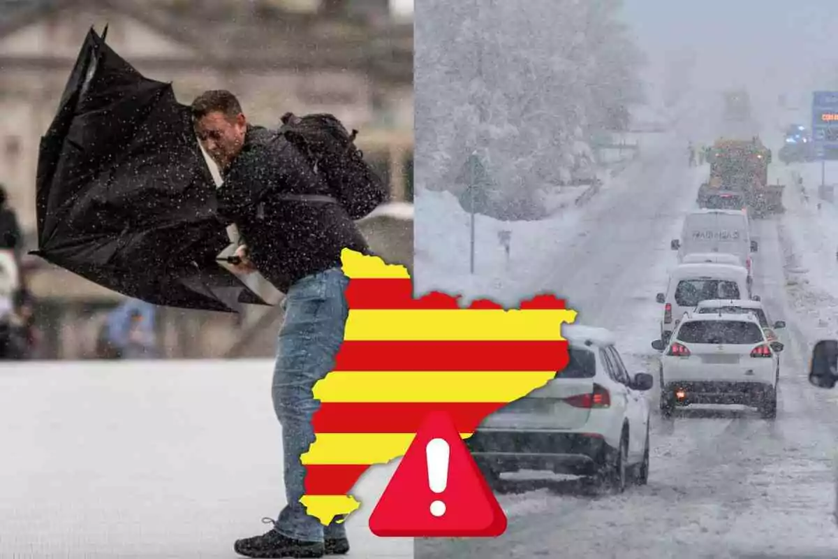 Home lluitant contra el vent amb un paraigua invertit a l'esquerra i una carretera nevada amb trànsit a la dreta superposat amb un mapa de Catalunya i una icona d'advertiment.