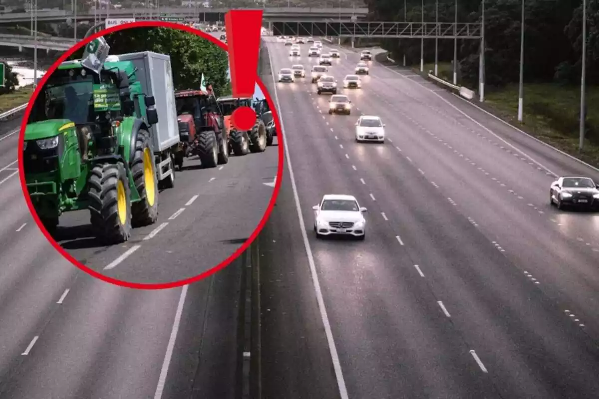 fotomuntatge d´una foto d´una autopista amb cotxes i una foto d´una tractorada amb un signe d´exclamació