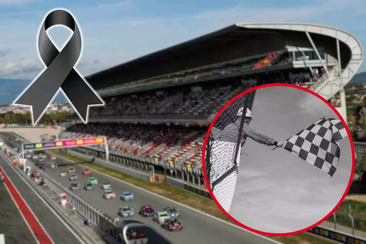 Fotomuntatge amb dues imatges del Circuit de Barcelona-Catalunya i un llaç de dol