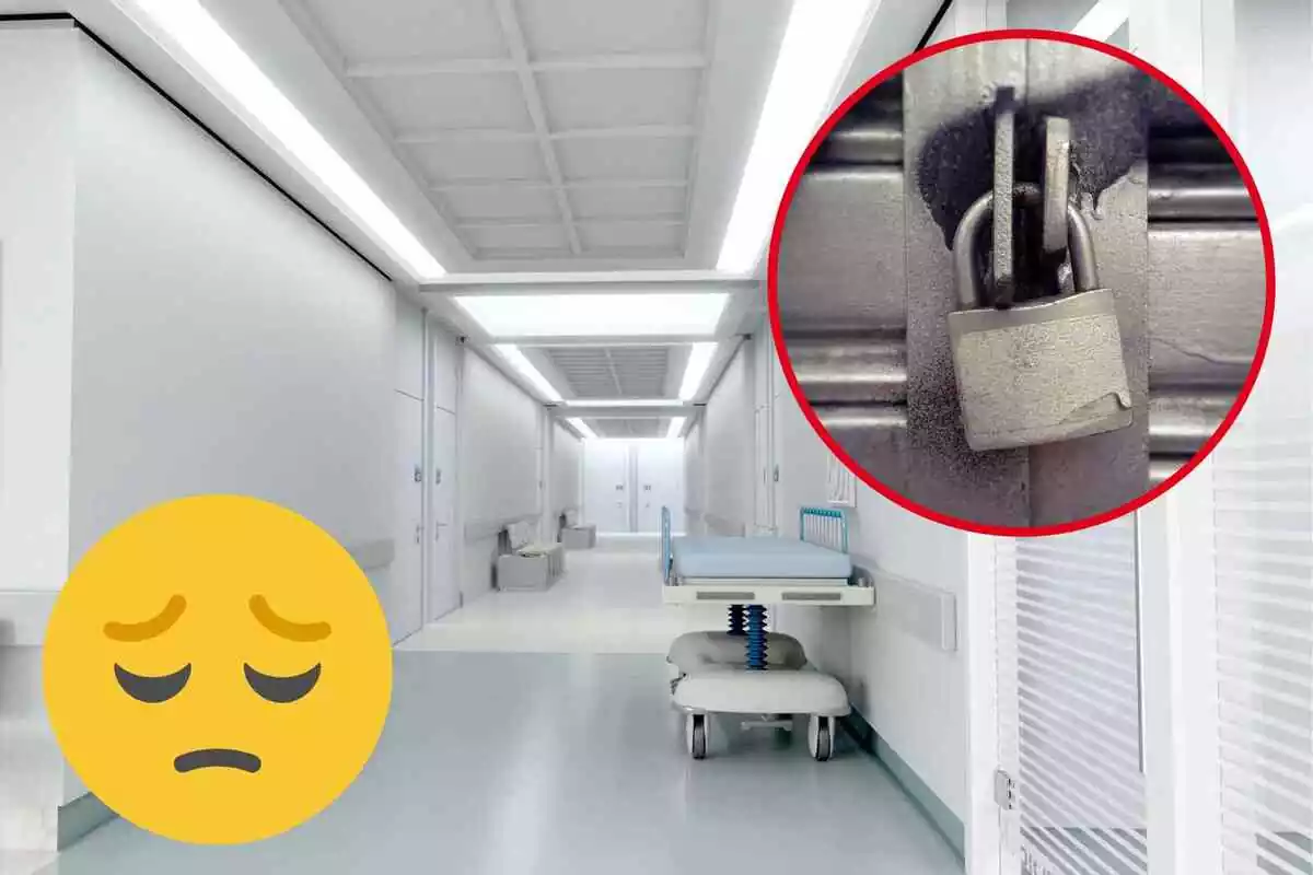 Fotomuntatge amb una imatge de fons d'un hospital, una rodona vermella amb un cadenat i un emoji apesarat