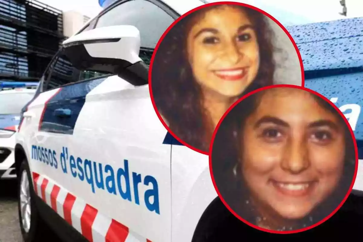 Fotomuntatge amb una imatge de fons d'un cotxe dels Mossos d'Esquadra i al capdavant el rostre de Sara i Sulaminta, les bessones desaparegudes