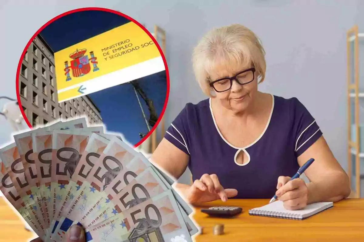 Una mujer mayor con gafas está sentada en una mesa usando una calculadora y escribiendo en un cuaderno, mientras que en la imagen también se muestra un fajo de billetes de 50 euros y un cartel del Ministerio de Empleo y Seguridad Social de España.