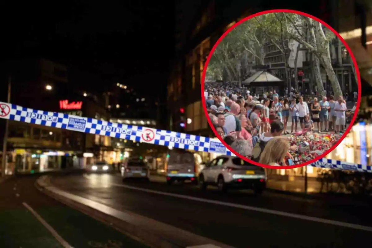 Fotomuntatge amb una foto de fons de la tragèdia de Sydney amb un cordó policial i al capdavant una rodona vermella amb l'homenatge de l'atemptat de la Rambla de Barcelona