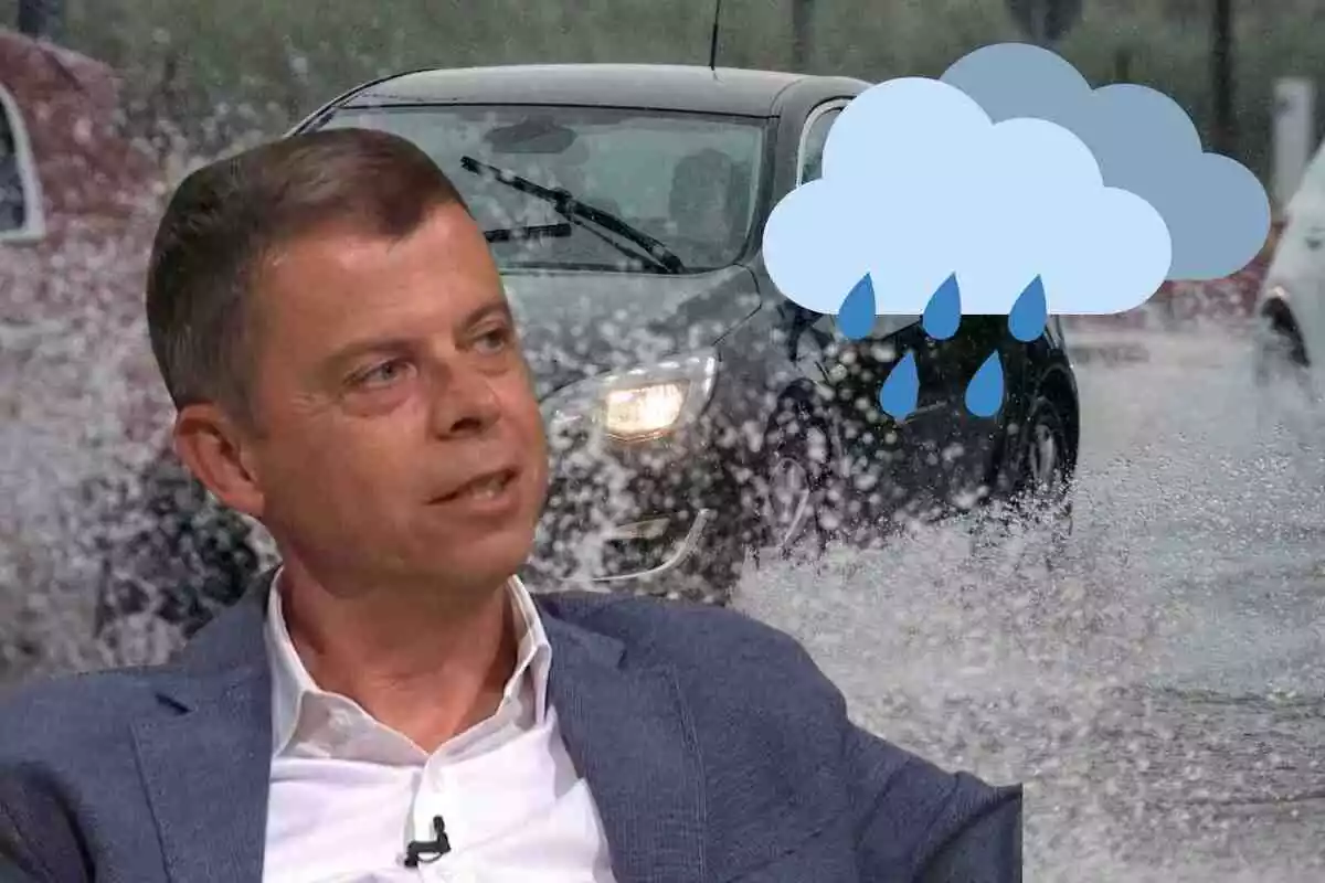 Fotomuntatge de Francesc Mauri al capdavant amb un emoji d?un núvol amb pluja i de fons un cotxe en un temporal