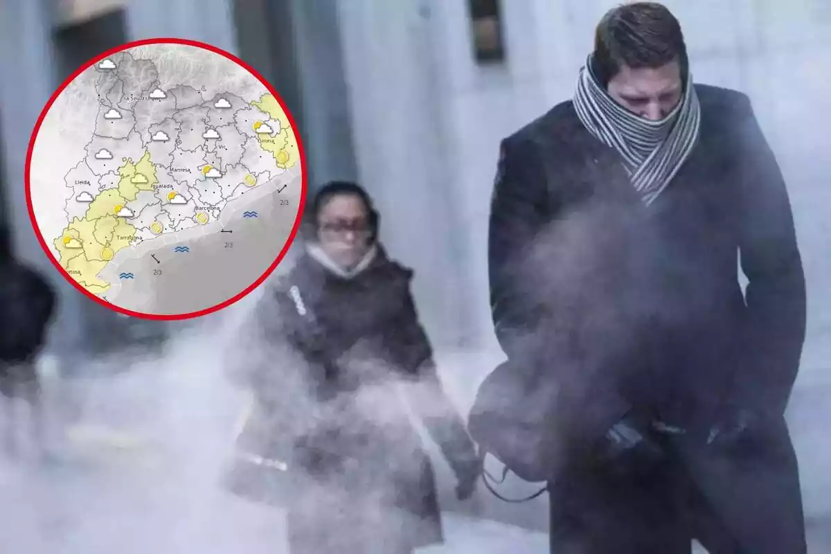 Muntatge fotogràfic entre una imatge de dues persones amb molt de fred i un mapa del Meteocat