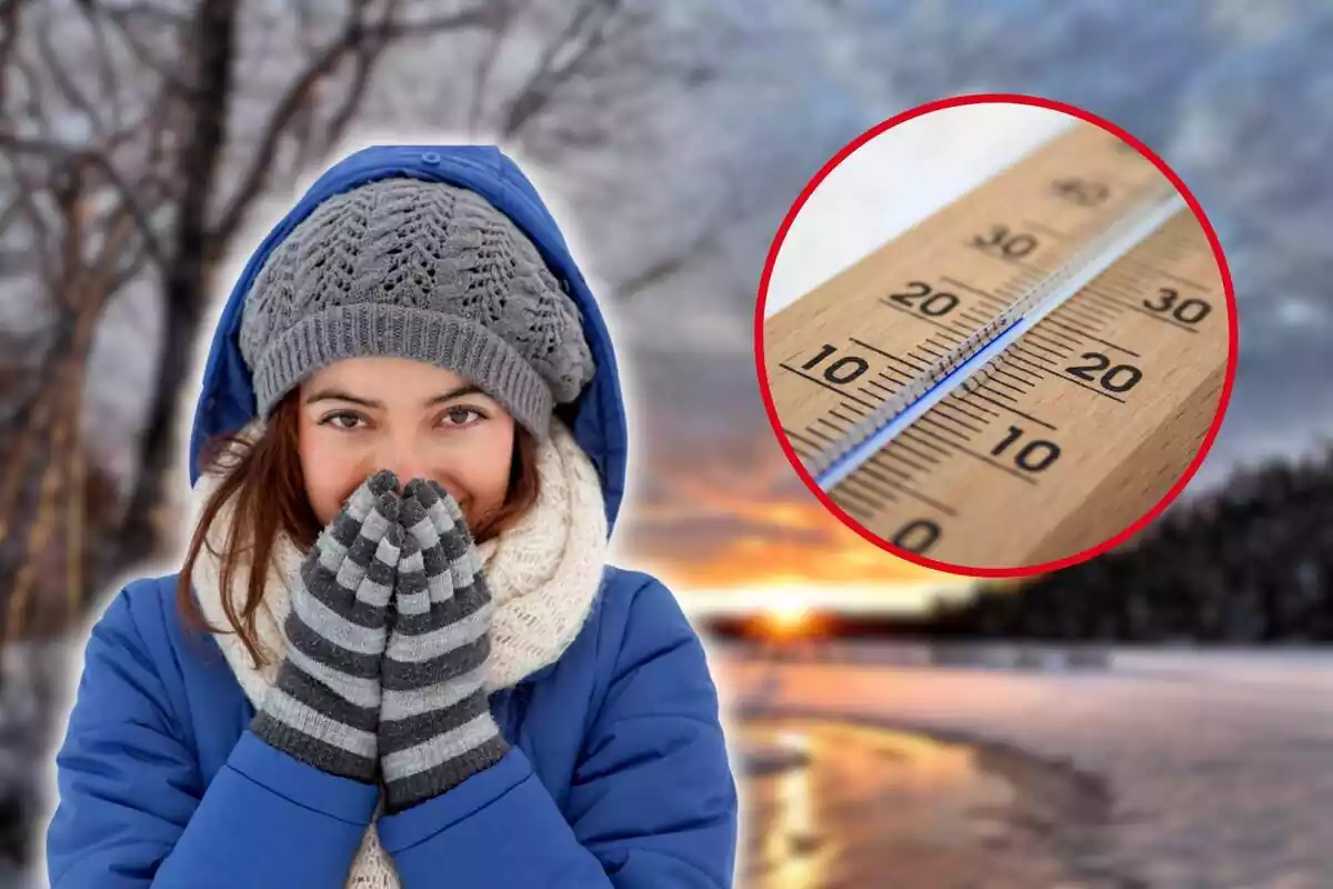 Muntatge fotogràfic entre una dona tapada pel fred i un termòmetre