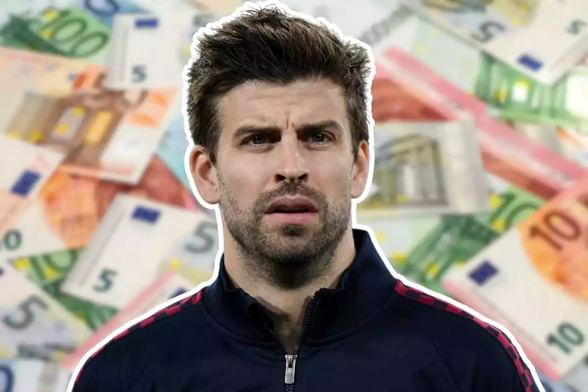 Muntatge fotogràfic d'una imatge de Gerard Piqué sobre un fons de bitllets