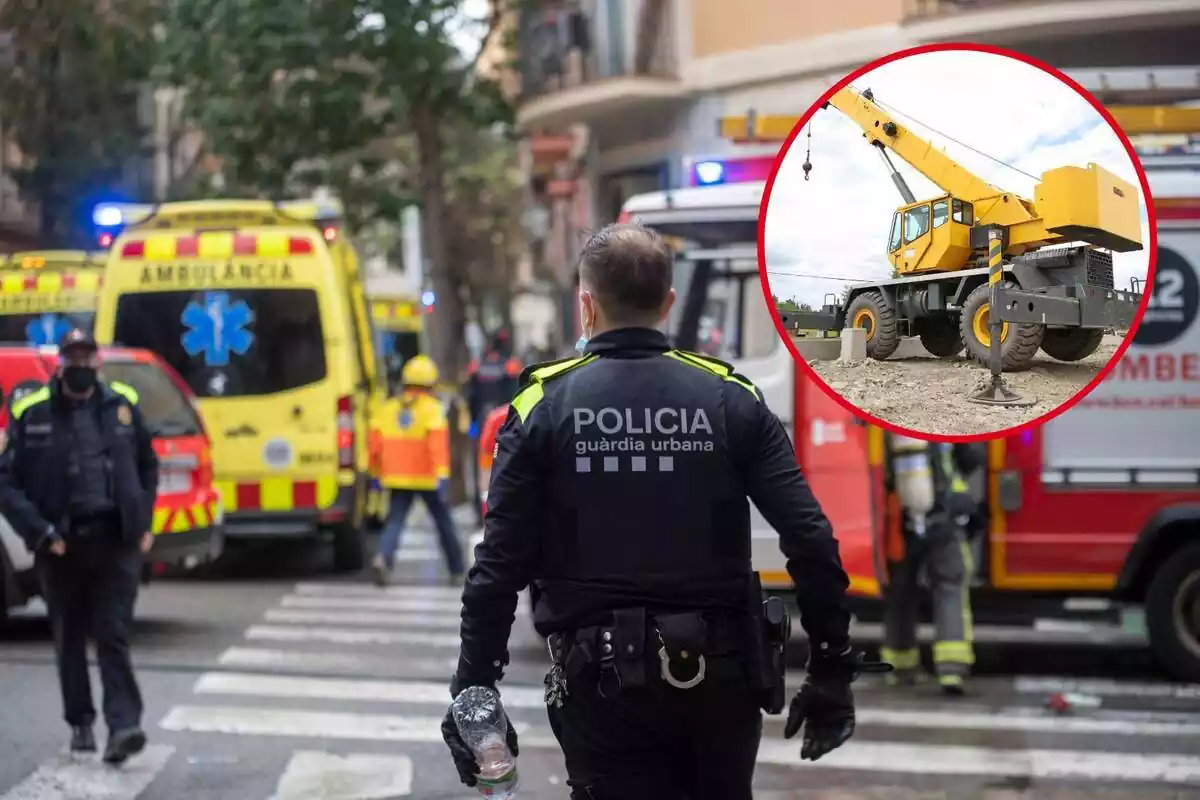 Fotomuntatge d'un agent de la Guàrdia Urbana de Barcelona amb imatge d'una grua