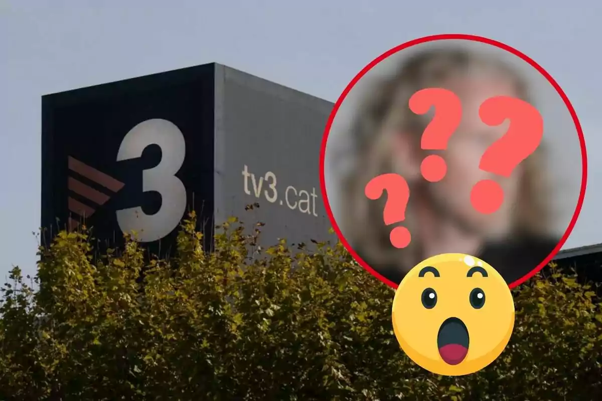 Edifici de TV3 amb una imatge borrosa d'una persona i un emoji sorprès superposat