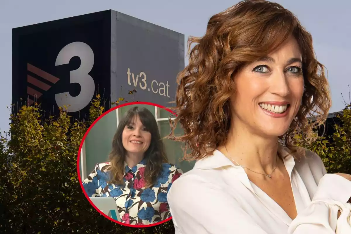 Fotomuntatge d'Helena García Meleroo amb una imatge de Sara Loscos i les instal·lacions de TV3 de fons