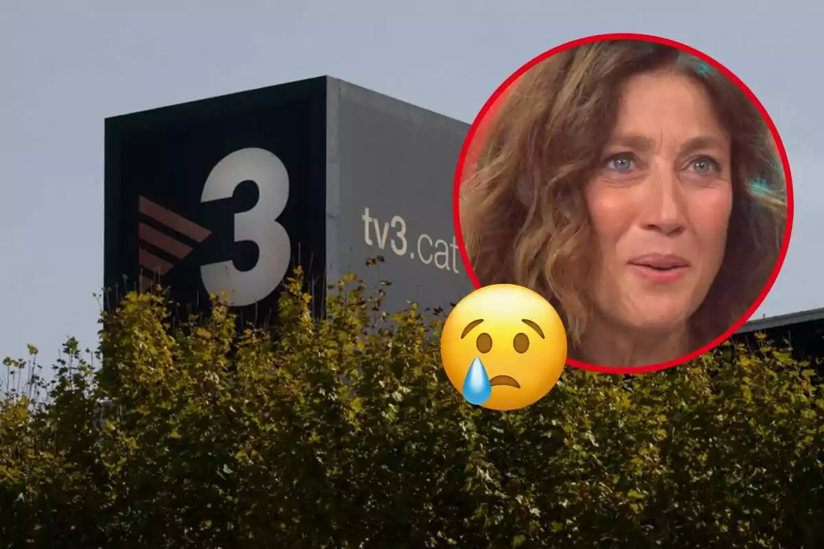 Una dona amb expressió trista i un emoji plorant sobre una imatge de l?edifici de TV3.