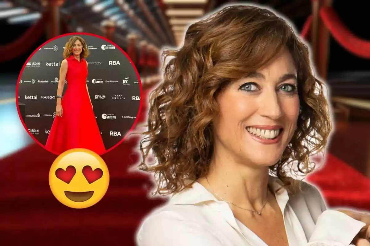 Fotomuntatge d'Helena García Meleroo amb una imatge de la periodista a la catifa vermella de la Fundació Fero i una emoticona enamorada
