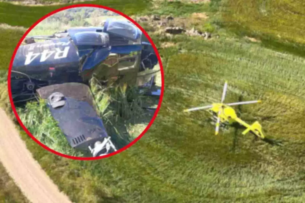 Fotomuntatge d'un helicòpter medicalitzat a Vilanova de l'Aguda i una rodona vermella al capdavant amb l'helicòpter accidentat