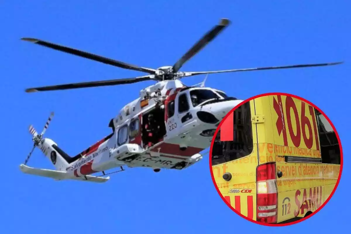 Fotomuntatge amb una imatge de fons d'un helicòpter de Salvament Marítim i una rodona vermella amb una ambulància del SAMU