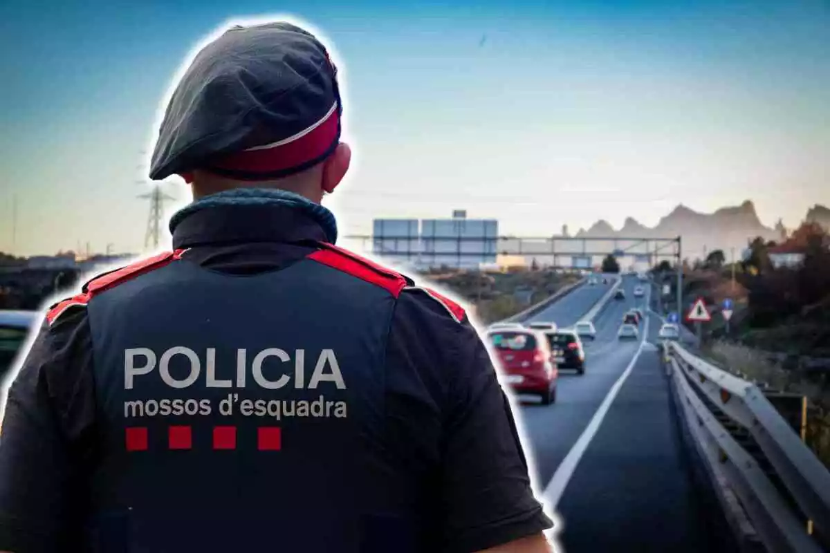 Fotomuntatge amb una imatge de fons d'una carretera i al capdavant un agent de Mossos d'Esquadra