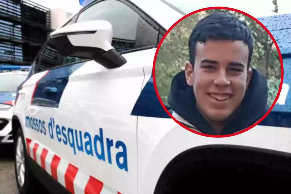 Fotomuntatge amb imatge d'un cotxe de Mossos d'Esquadra i una rodona vermella amb Arnau Díaz