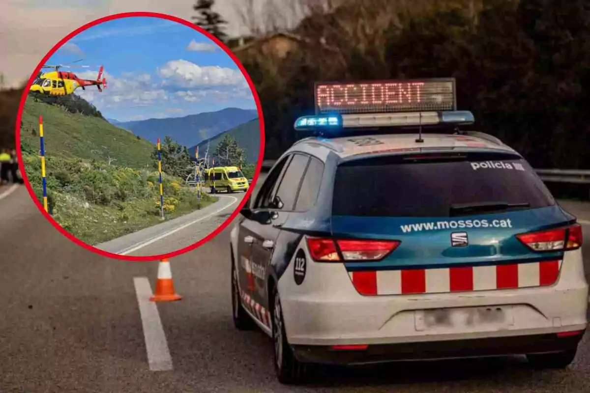 Fotomuntatge amb una imatge de fons d'un cotxe de Mossos d'Esquadra en un accident de trànsit i una rodona vermella amb l'accident a la C-28