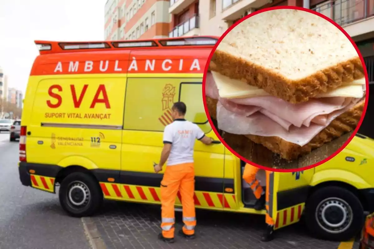 Fotomuntatge amb una imatge de fons d'una ambulància de SAMU de València i una rodona vermella amb un sandvitx