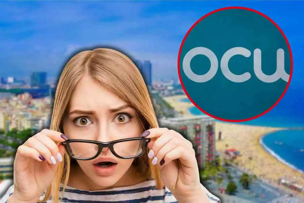 Fotomuntatge amb una imatge de fons de Barcelona, al capdavant una dona sorpresa i el logotip de l'OCU en una rodona vermella