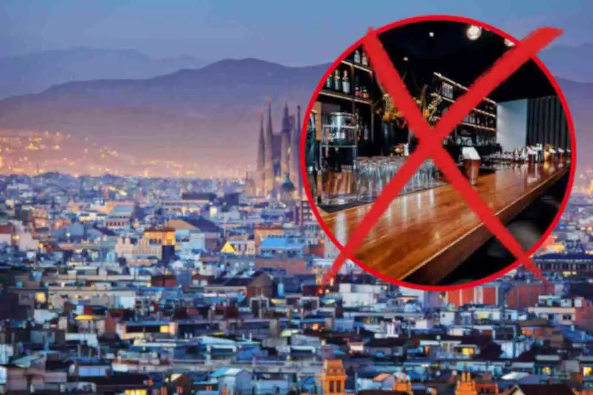 Fotomuntatge amb una imatge de fons de Barcelona i al capdavant una rodona vermella amb imatge d'un bar i una creu vermella