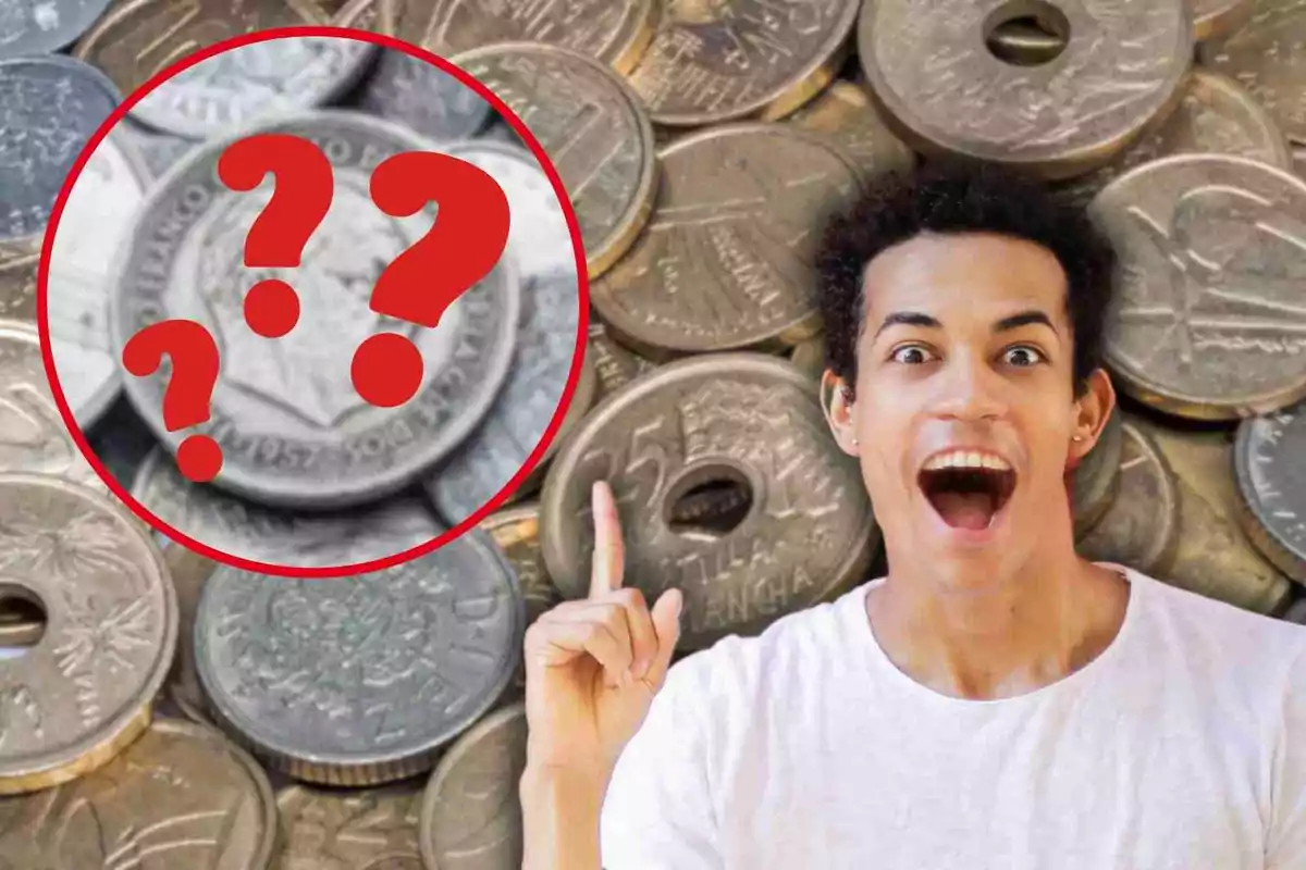 Persona sorpresa assenyalant cap a un cercle amb signes d'interrogació vermells sobre un fons de monedes.