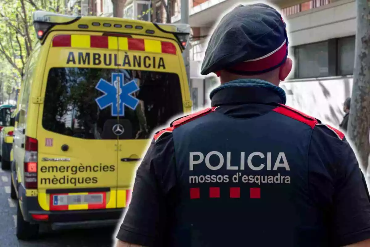 Fotomuntatge amb una imatge de fons d'una ambulància del SEM i al capdavant un agent d'esquena dels Mossos d'Esquadra