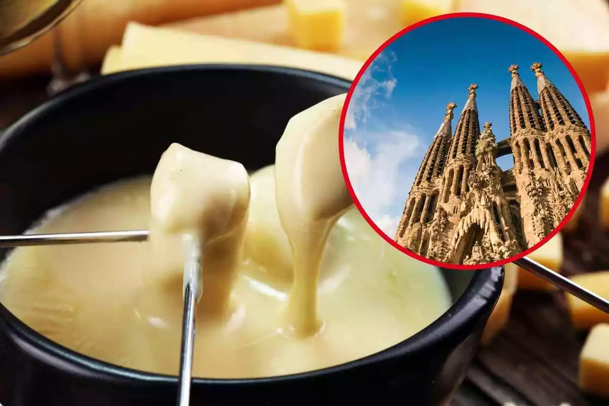 Fotomuntatge amb una imatge de fons d'una fondue de formatge de fons i al capdavant una rodona vermella amb la Sagrada Família de Barcelona