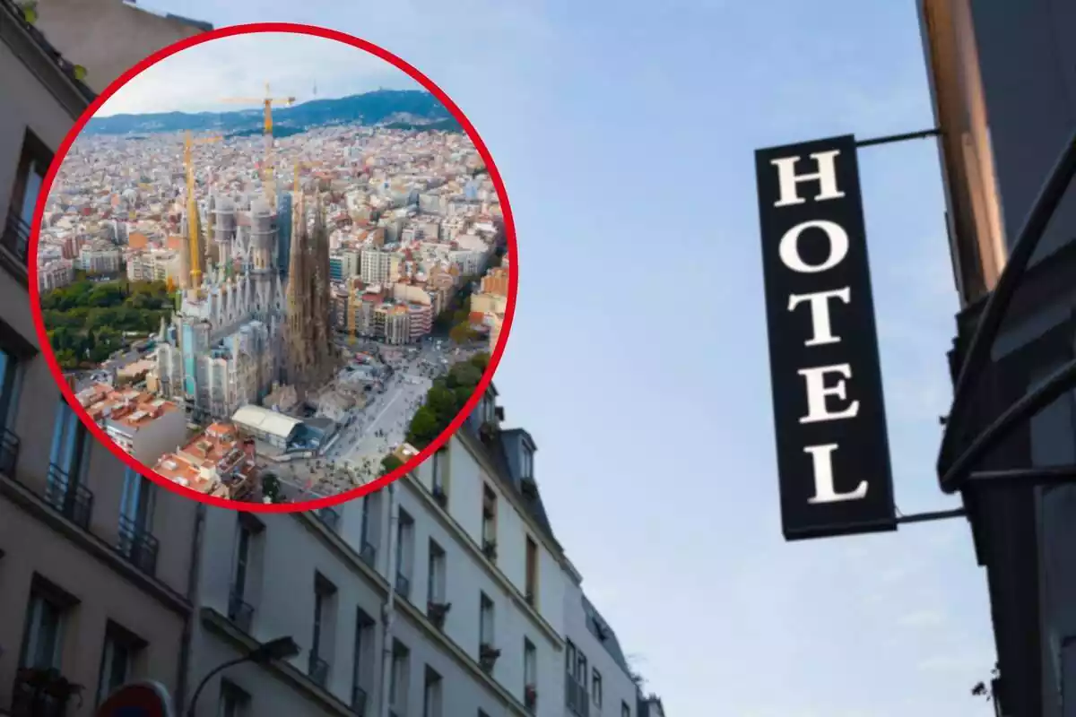 Fotomuntatge amb una imatge de fons d'un hotel i al capdavant una rodona vermella amb la ciutat de Barcelona