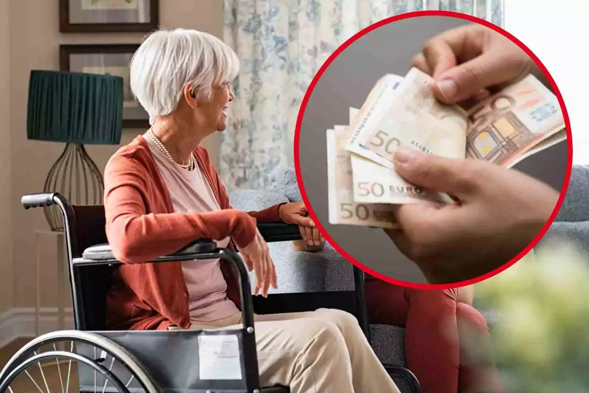 Fotomuntatge amb una imatge de fons d'una dona jubilada amb cadira de rodes i una rodona vermella amb una mà amb bitllets de 50 euros