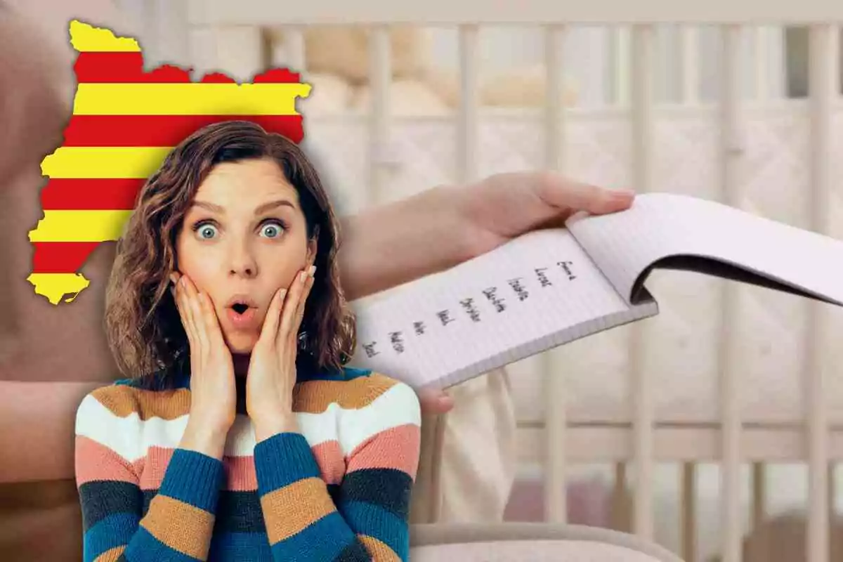 Fotomuntatge amb una imatge de fons d'una llista de noms, davant una dona sorpresa i una bandera de Catalunya