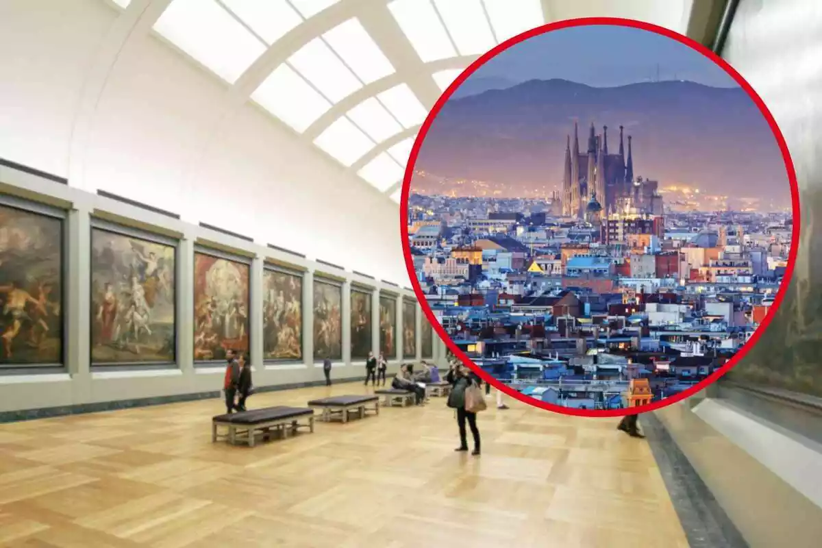 Fotomuntatge amb una imatge de fons d'un museu i al capdavant una rodona vermella amb la ciutat de Barcelona