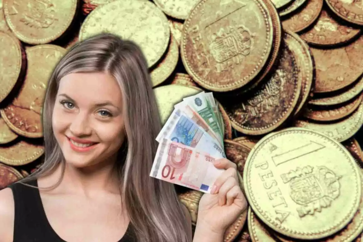 Fotomuntatge amb una imatge de fons de pessetes i al capdavant una dona amb bitllets d'euro