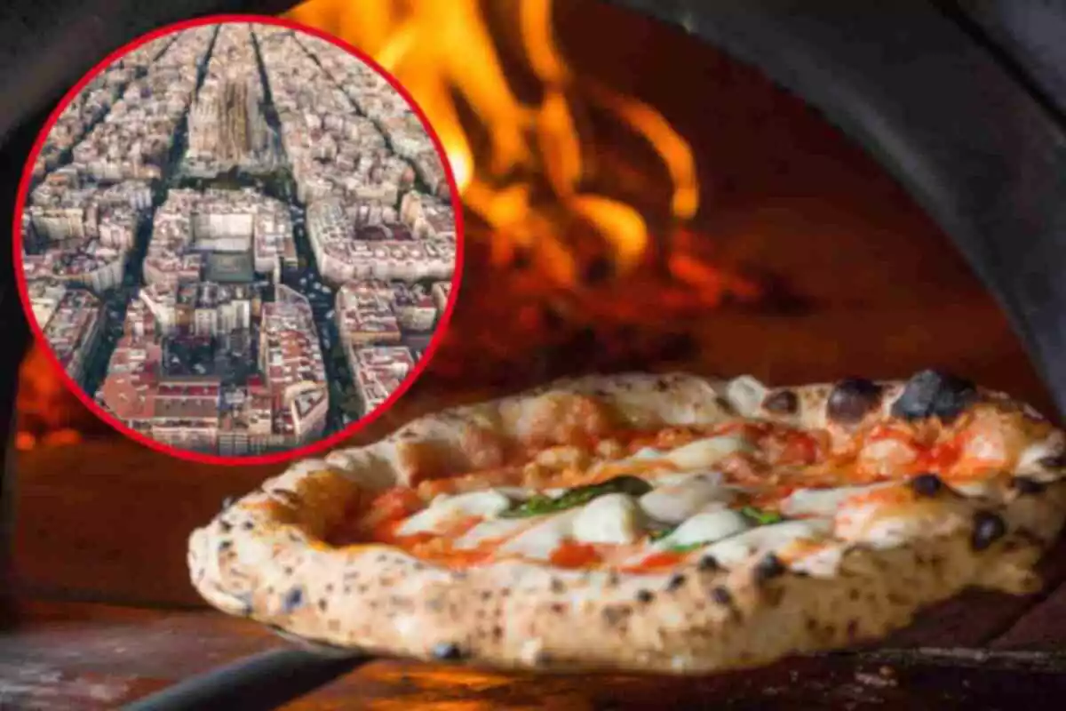Fotomuntatge amb una imatge de fons d'una pizza al forn i al capdavant una rodona vermella amb Barcelona