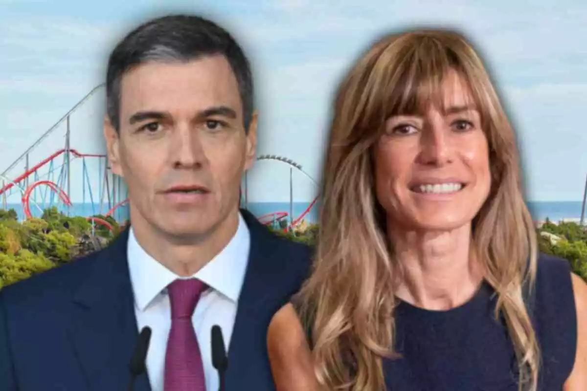 Fotomuntatge amb una imatge de fons de PortAventura i al capdavant Pedro Sánchez i Begoña Gómez