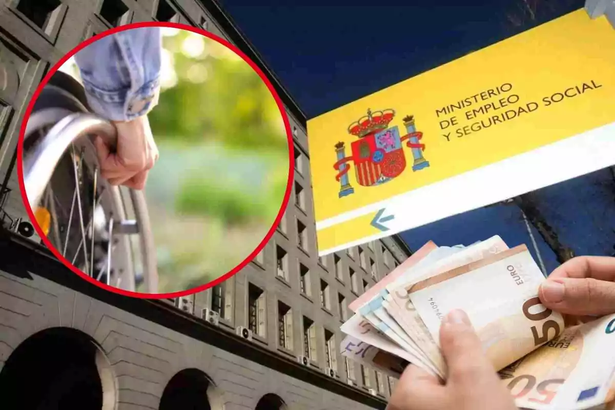 Fotomuntatge amb una imatge de fons de la Seguretat Social, al capdavant una rodona vermella amb una persona amb cadira de rodes i una mà amb bitllets d'euro