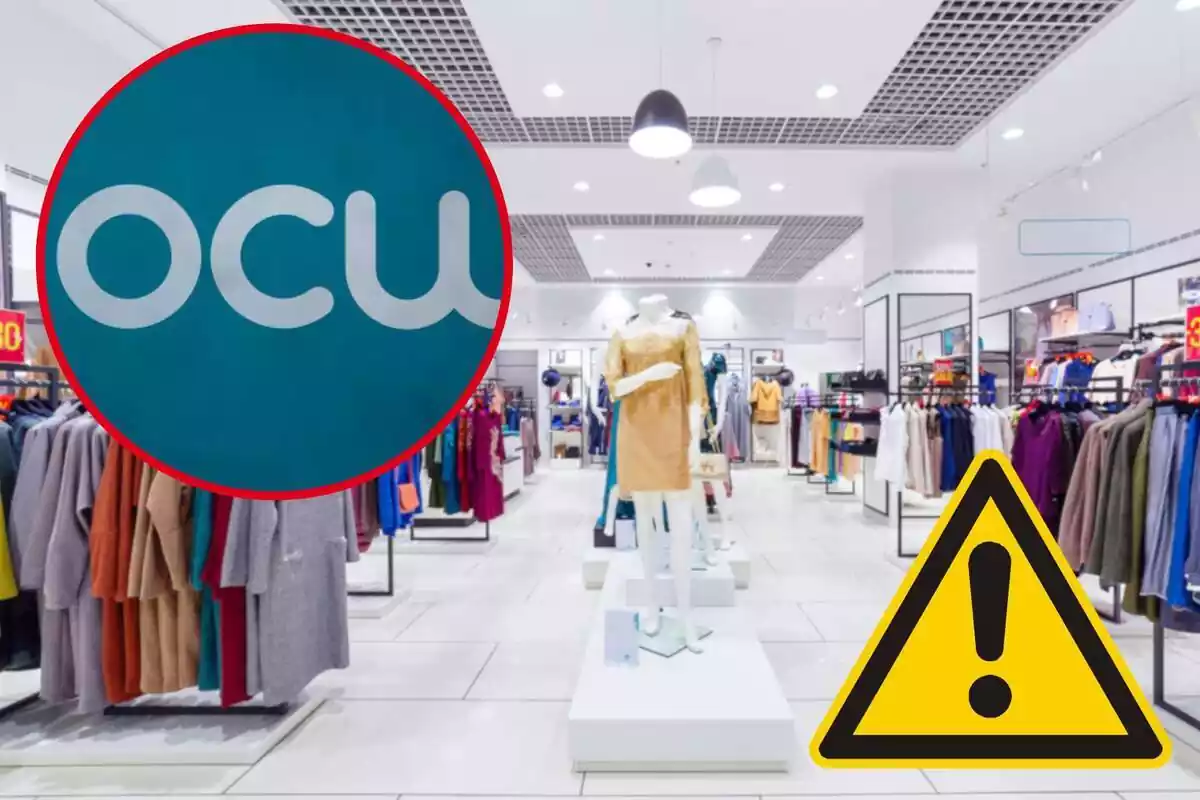 Fotomuntatge amb una imatge de fons d'una botiga de roba i al capdavant una rodona vermella amb el logotip d'OCU i un símbol d'alerta