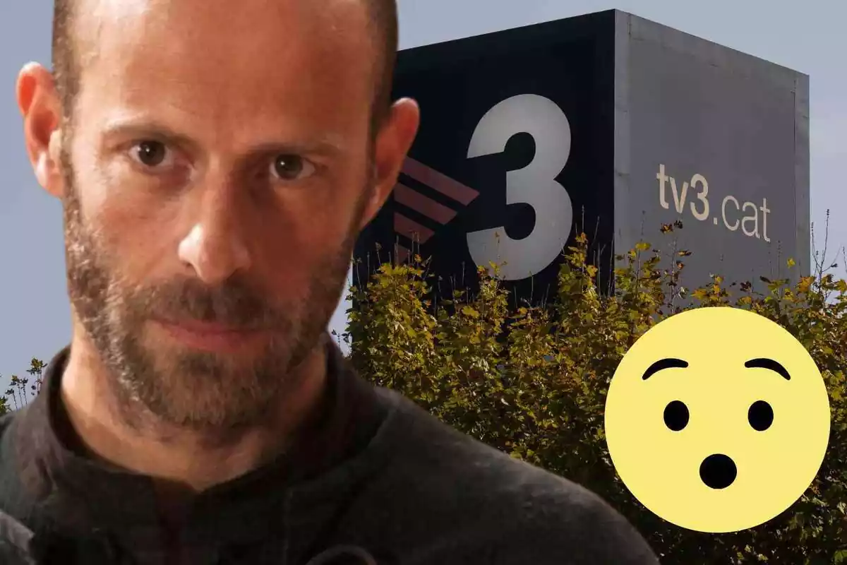 Fotomuntatge amb una imatge de fons del logotip als estudis de TV3 i al capdavant Eduard Farelo i un emoji sorprès