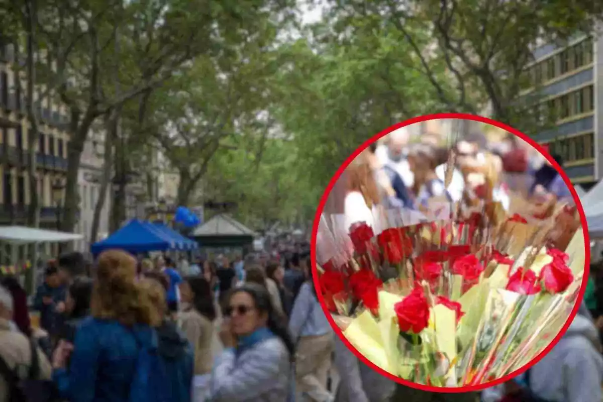 Fotomuntatge amb una imatge de fons de la ciutat de Barcelona durant la Diada de Sant Jordi i al capdavant una rodona vermella amb roses