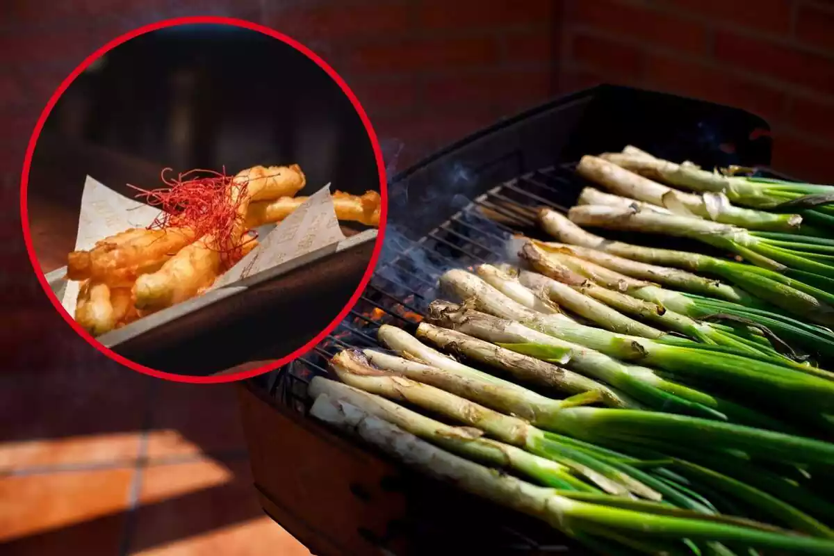 Fotomuntatge amb una imatge de fons d'uns calçots i al capdavant una rodona vermella amb el plat de Barra Alta Madrid