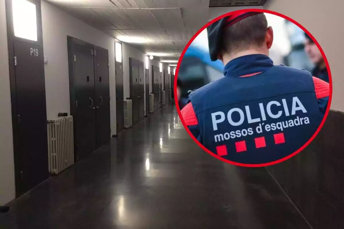 Fotomuntatge d'una imatge de fons del centre penitenciari Mas d'Enric de Tarragona i al capdavant una rodona vermella amb un agent dels Mossos d'Esquadra